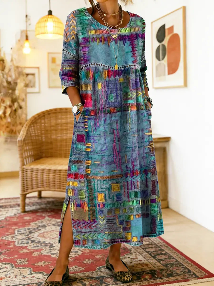 Damen Boho-Kleid mit Ethno-Patchwork in Blau