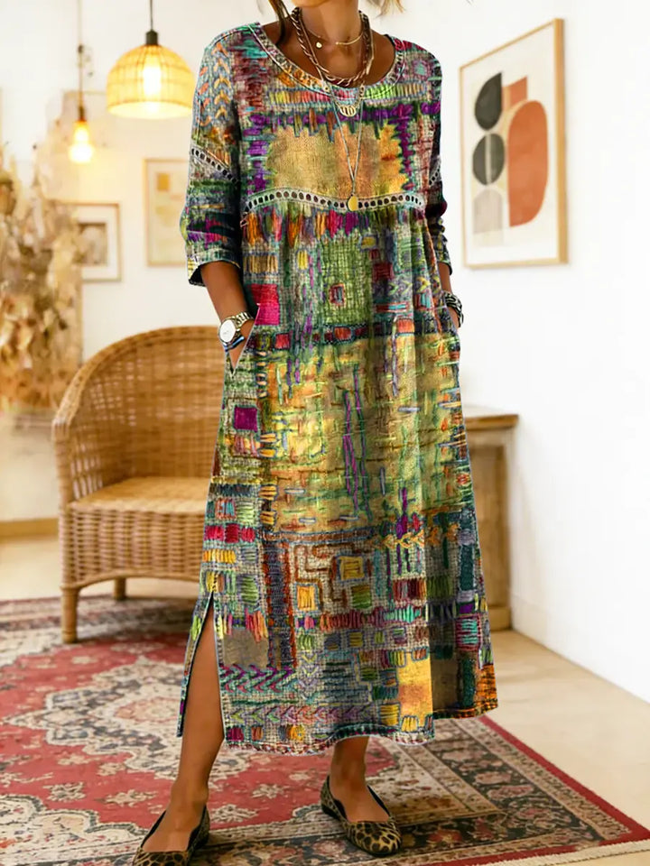 Damen Boho-Kleid mit Ethno-Patchwork in Gelb