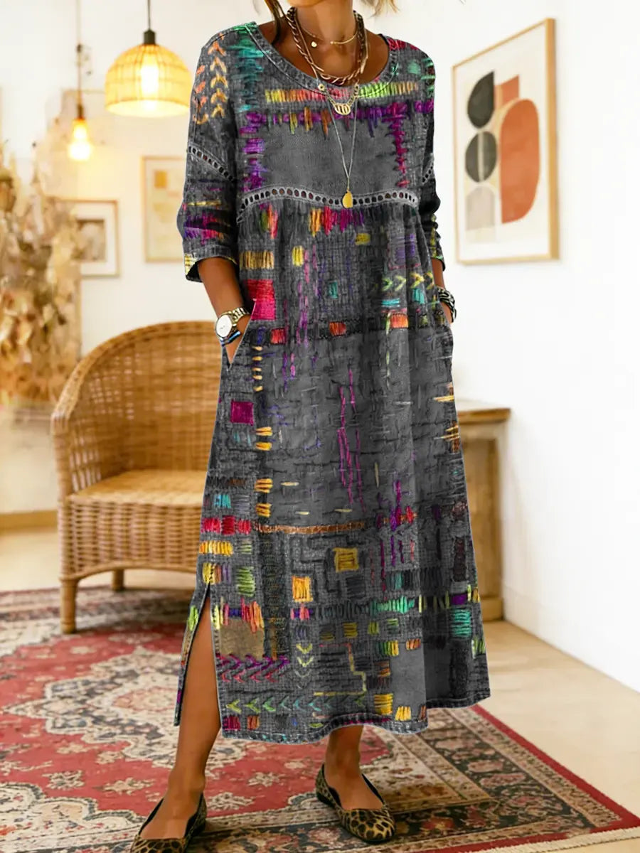 Damen Boho-Kleid mit Ethno-Patchwork in Grau