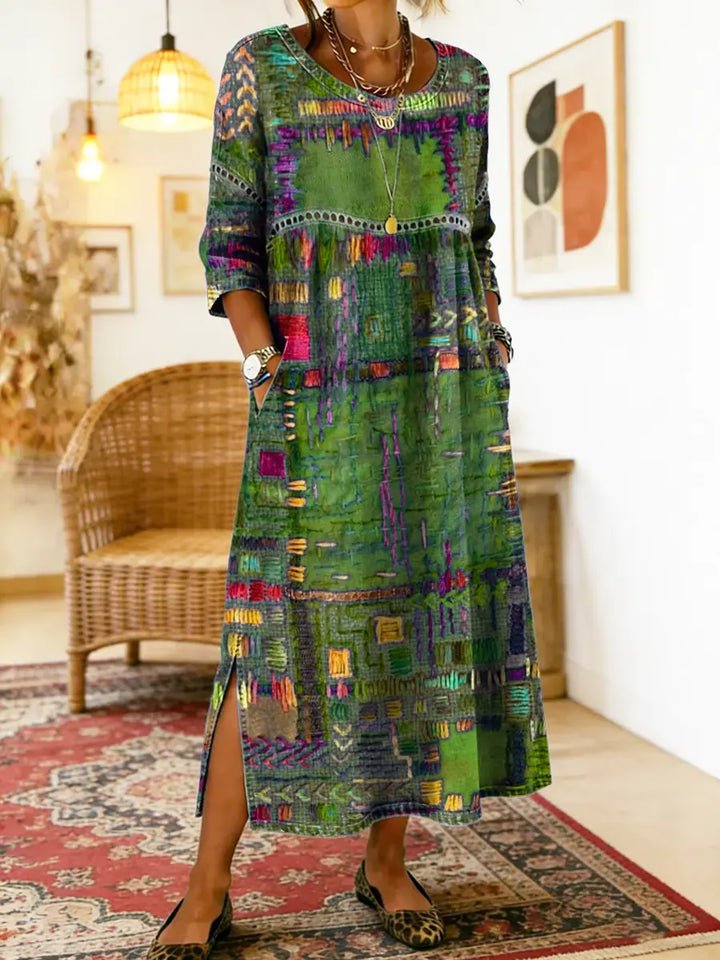 Damen Boho-Kleid mit Ethno-Patchwork in Grün