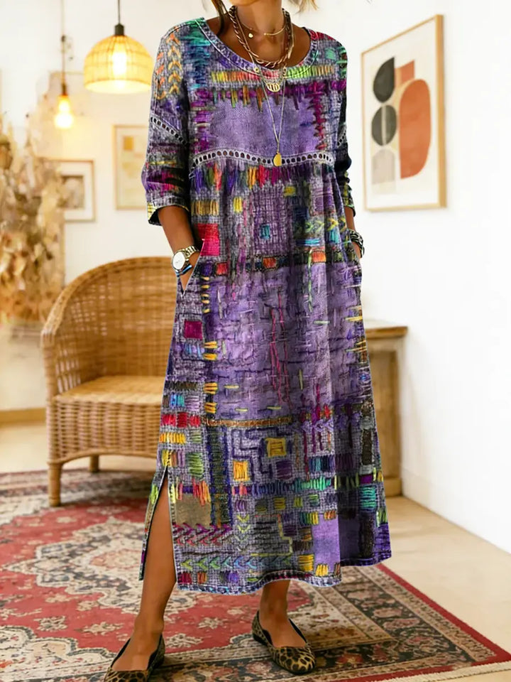 Damen Boho-Kleid mit Ethno-Patchwork in Lila