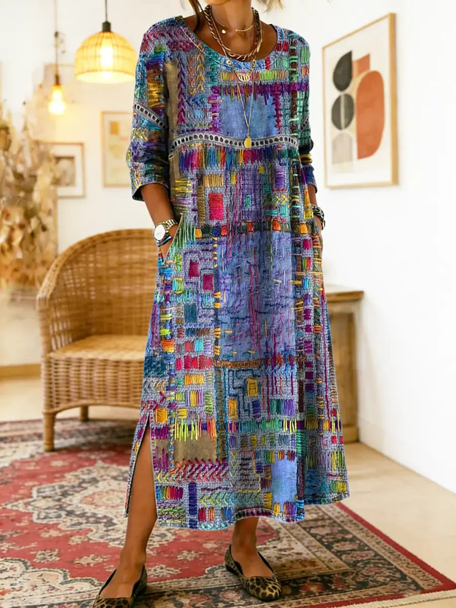 Damen Boho-Kleid mit Ethno-Patchwork in Mehrfarbig
