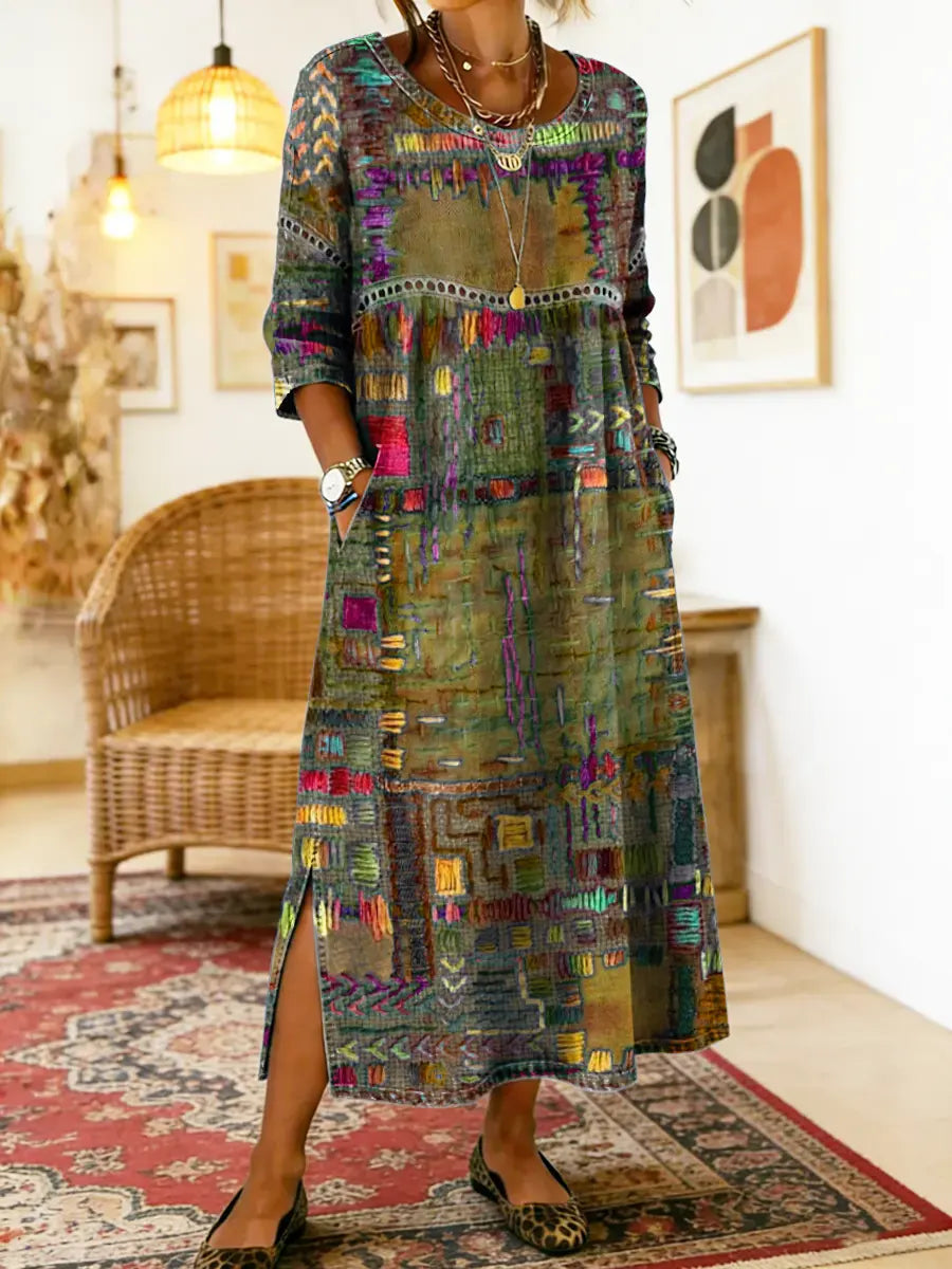 Damen Boho-Kleid mit Ethno-Patchwork in Militärgrün