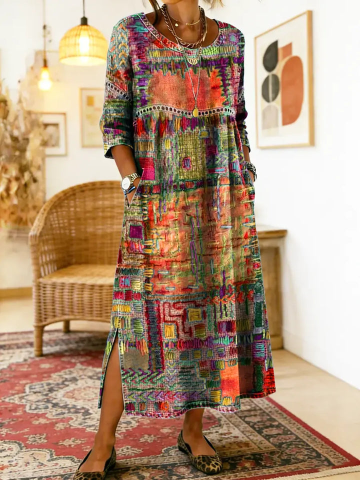 Damen Boho-Kleid mit Ethno-Patchwork in Orange