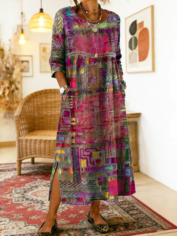 Damen Boho-Kleid mit Ethno-Patchwork in Rosa