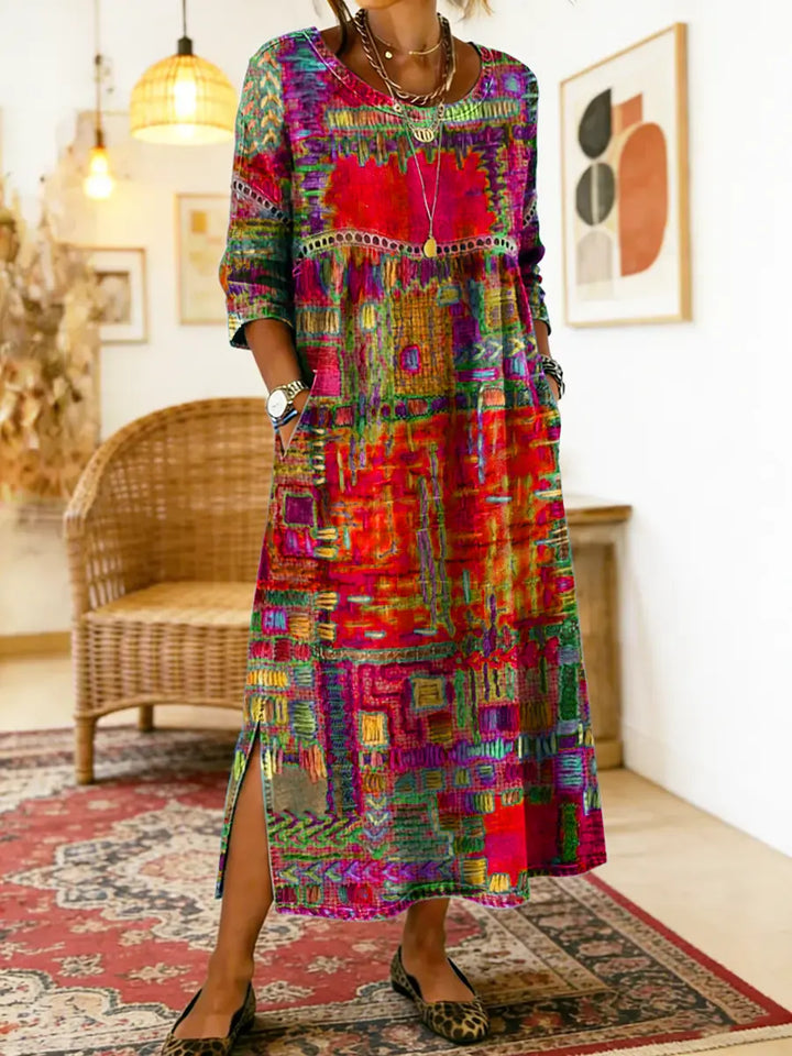 Damen Boho-Kleid mit Ethno-Patchwork in Rot