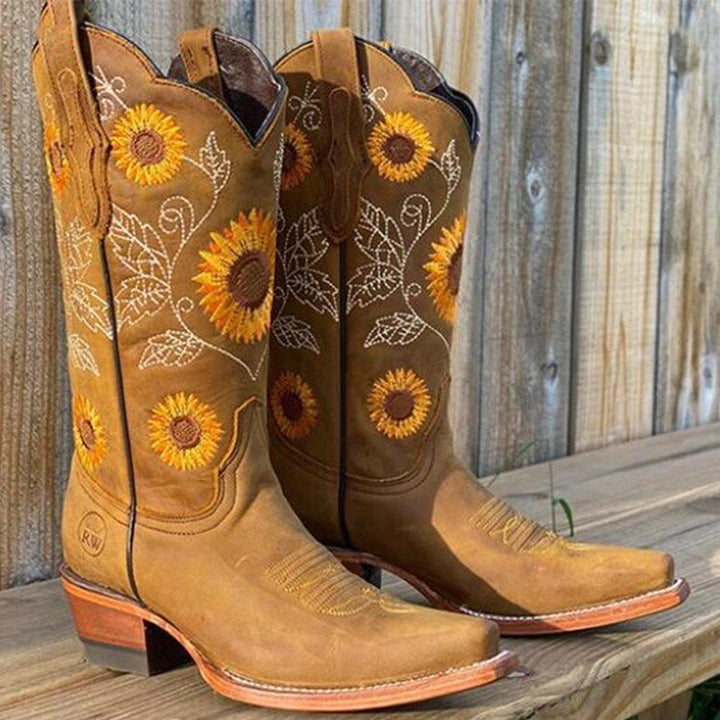 Damen Boho-Western Lederstiefel für Festivals in Khaki
