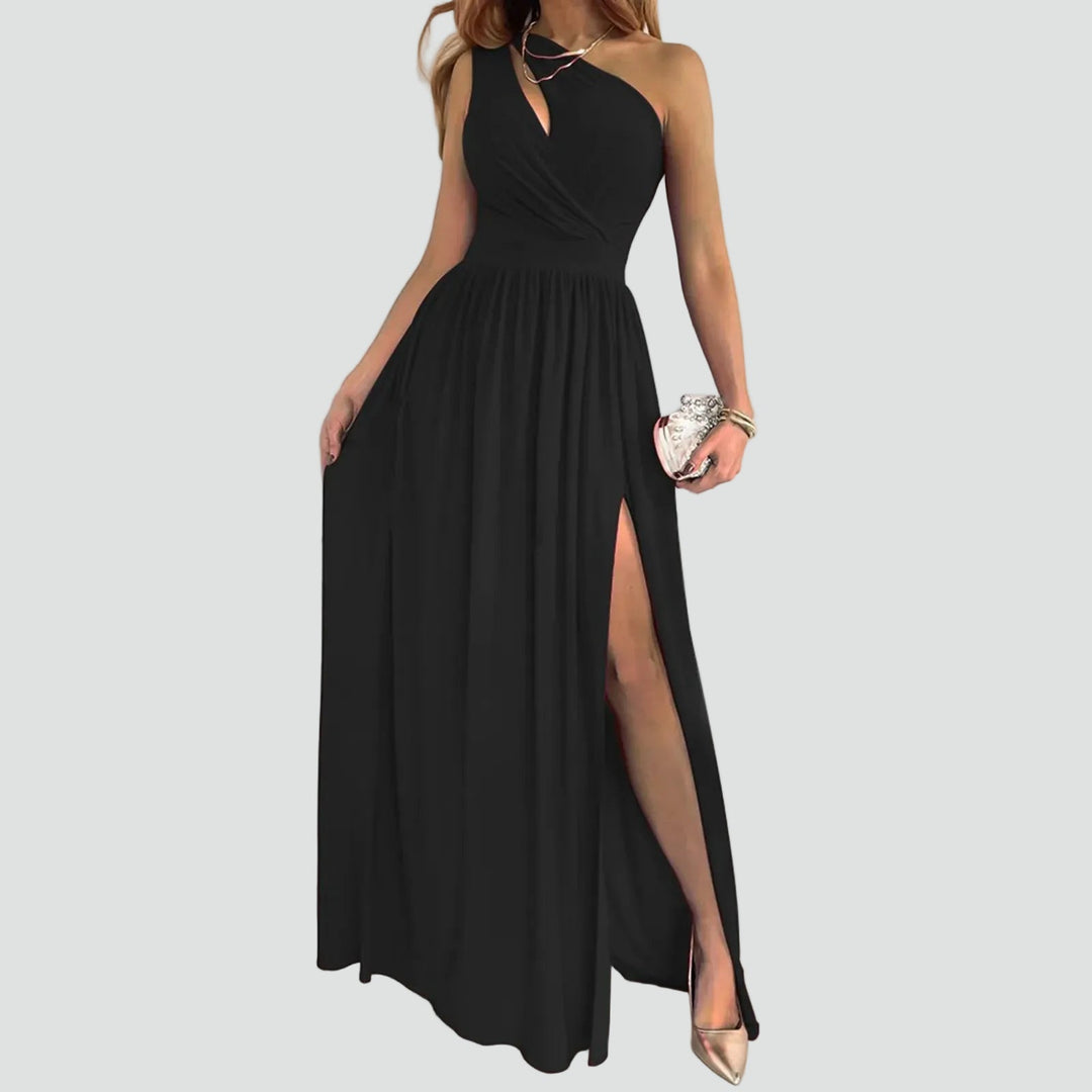 Damen Cocktailkleid mit asymmetrischer Schulter und Maxilänge in Schwarz