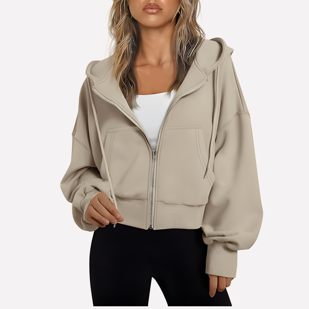 Damen Cropped Zip Hoodie Relaxed Fit in Beige