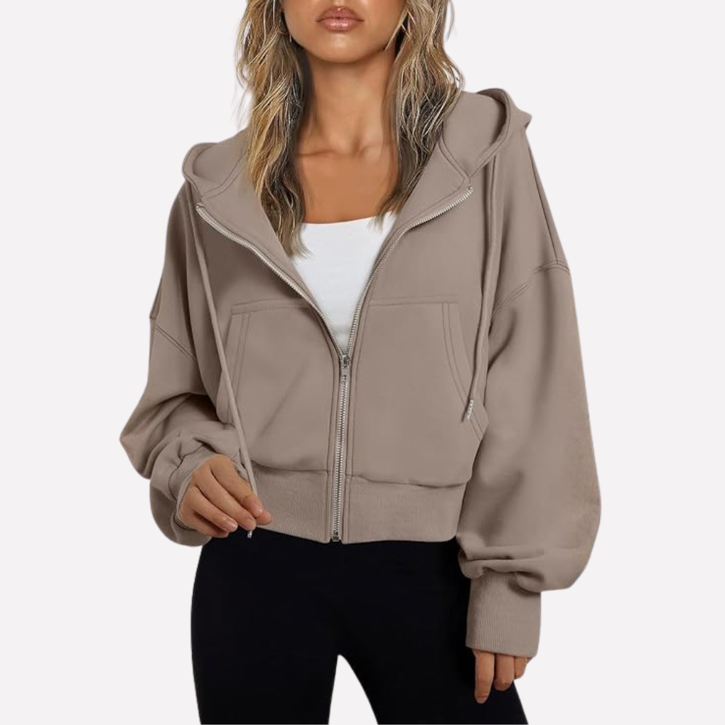 Damen Cropped Zip Hoodie Relaxed Fit in Braun