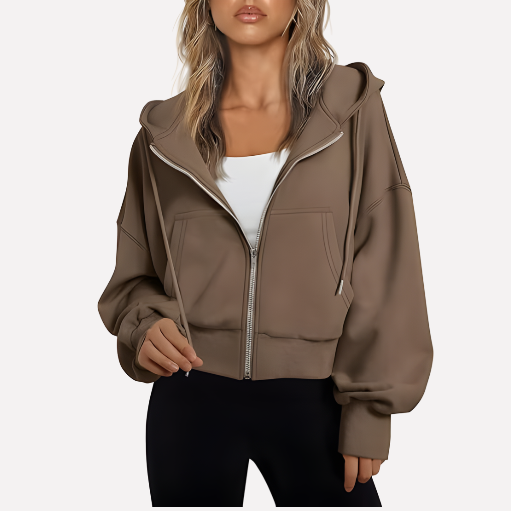 Damen Cropped Zip Hoodie Relaxed Fit in Dunkelgrau