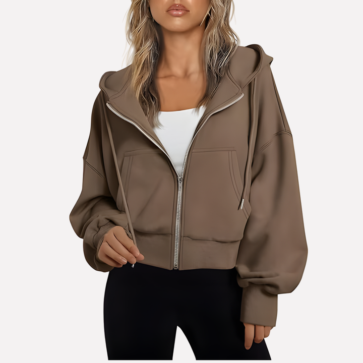 Damen Cropped Zip Hoodie Relaxed Fit in Dunkelgrau