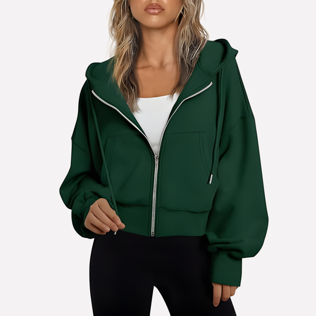 Damen Cropped Zip Hoodie Relaxed Fit in Dunkelgrün