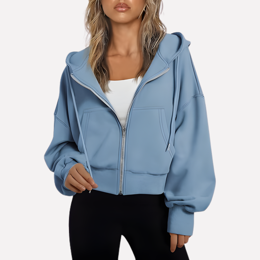 Damen Cropped Zip Hoodie Relaxed Fit in Hellblau