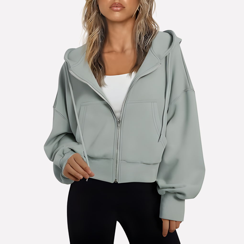 Damen Cropped Zip Hoodie Relaxed Fit in Hellgrau