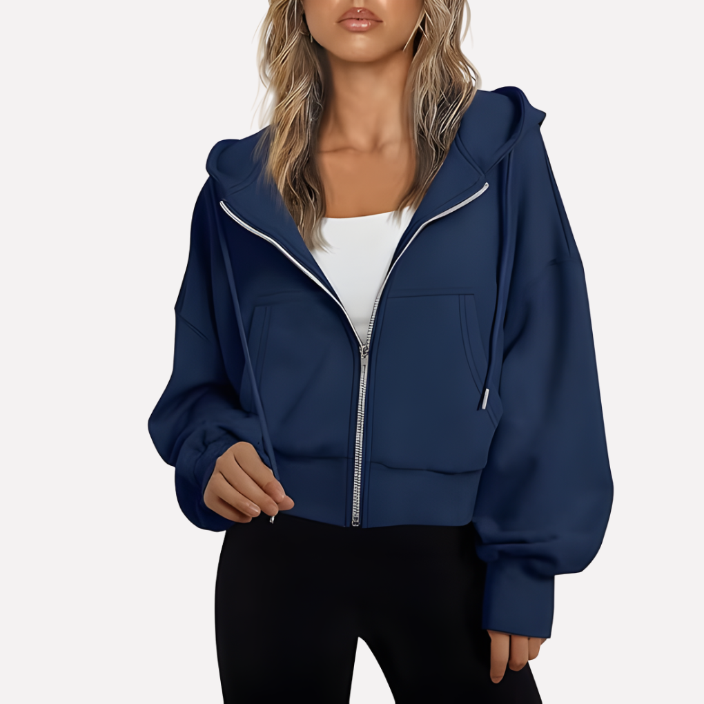 Damen Cropped Zip Hoodie Relaxed Fit in Marineblau