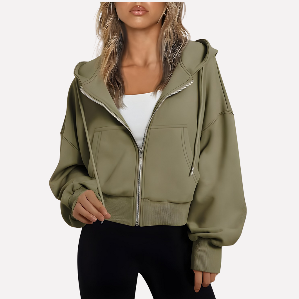 Damen Cropped Zip Hoodie Relaxed Fit in Olivgrün