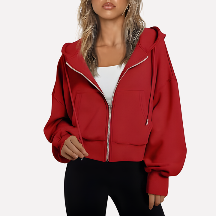 Damen Cropped Zip Hoodie Relaxed Fit in Rot