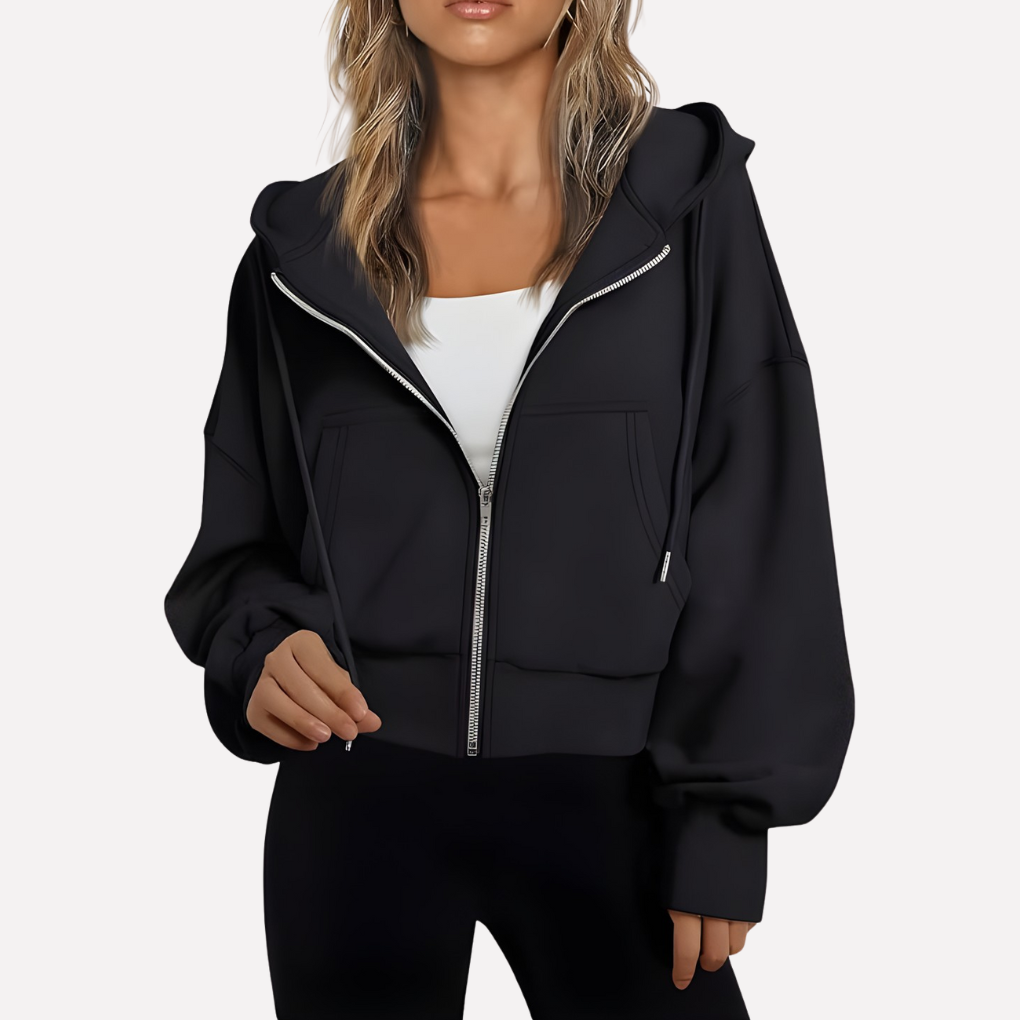 Damen Cropped Zip Hoodie Relaxed Fit in Schwarz