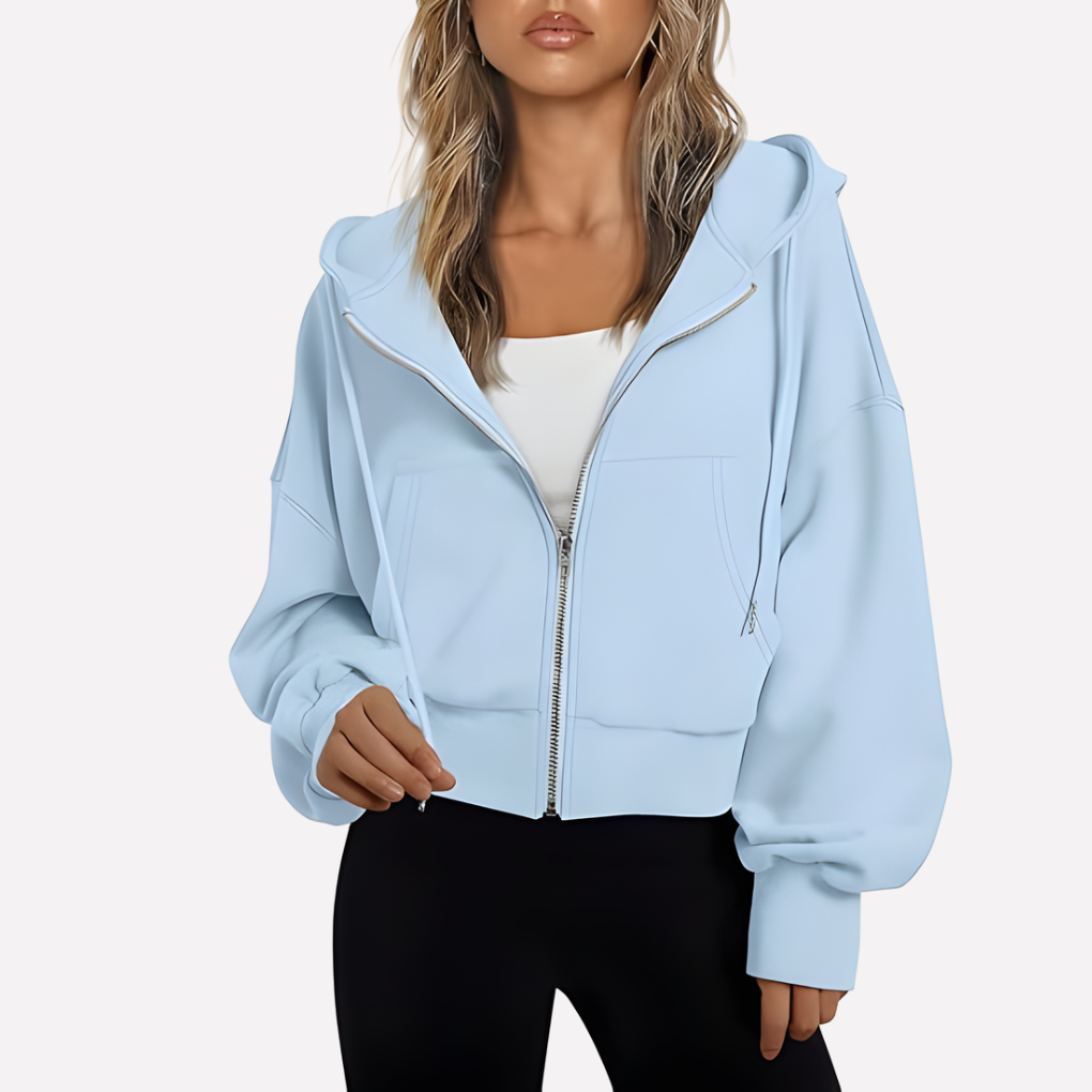 Damen Cropped Zip Hoodie Relaxed Fit in Sky Blue