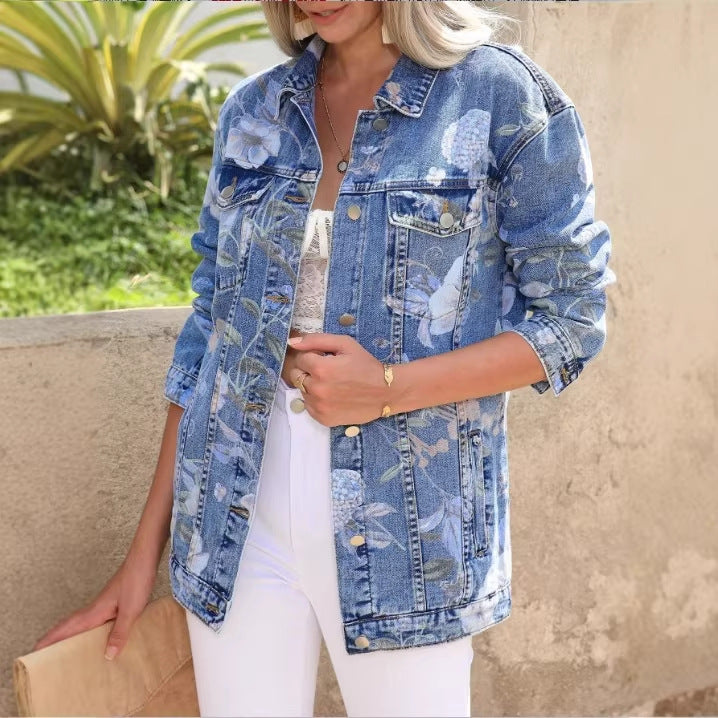 Damen Denim-Mantel mit Brusttaschen und floralem Print (2)