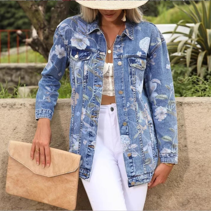 Damen Denim-Mantel mit Brusttaschen und floralem Print (3)