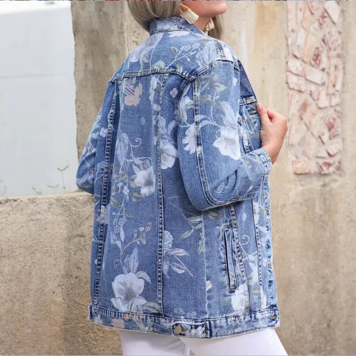 Damen Denim-Mantel mit Brusttaschen und floralem Print (4)