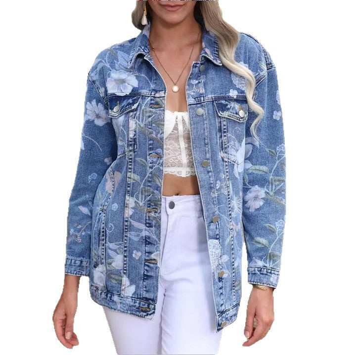 Damen Denim-Mantel mit Brusttaschen und floralem Print (5)