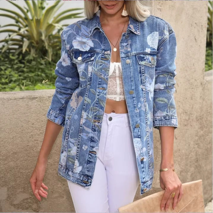 Damen Denim-Mantel mit Brusttaschen und floralem Print in Mittelblau