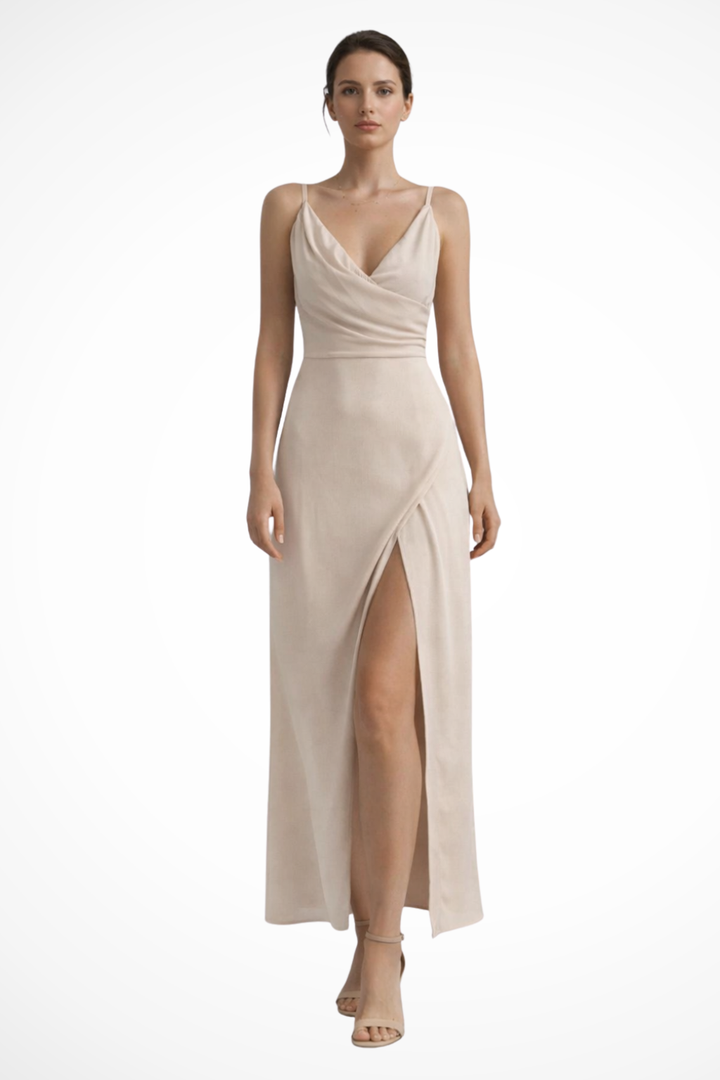 Damen Drapiertes Maxikleid mit Schlitz für Hochzeitsgäste in Beige