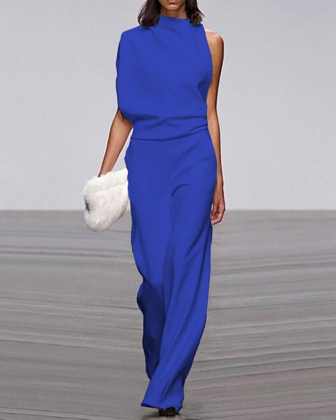 Damen Ein-Schulter Jumpsuit-Set mit weitem Bein in Blau