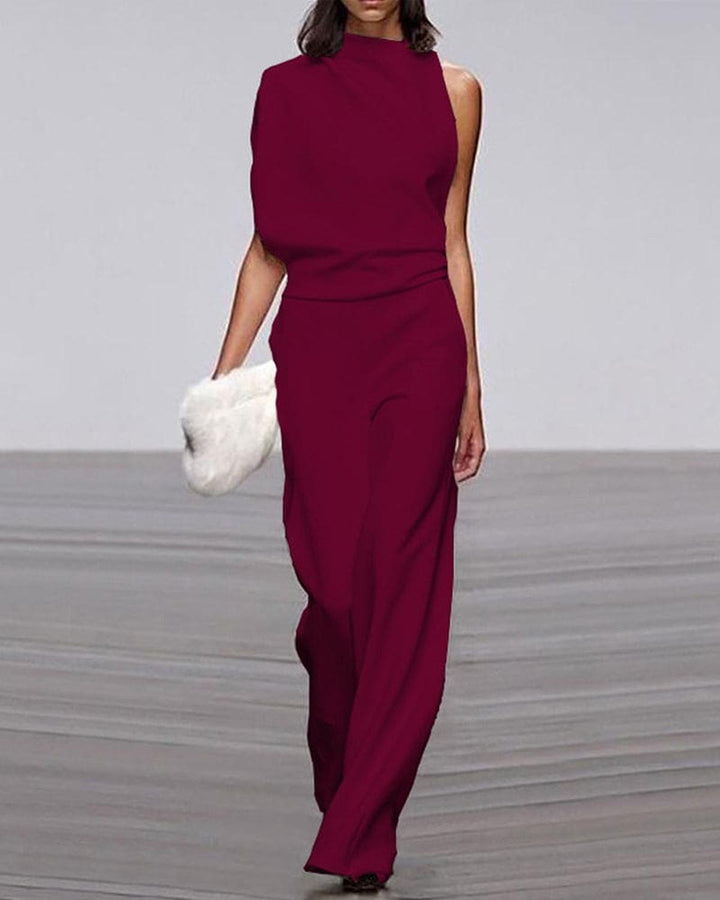 Damen Ein-Schulter Jumpsuit-Set mit weitem Bein in Dunkelrot