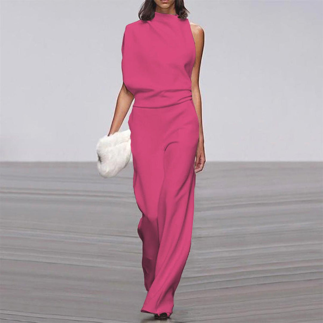 Damen Ein-Schulter Jumpsuit-Set mit weitem Bein in Fuchsia