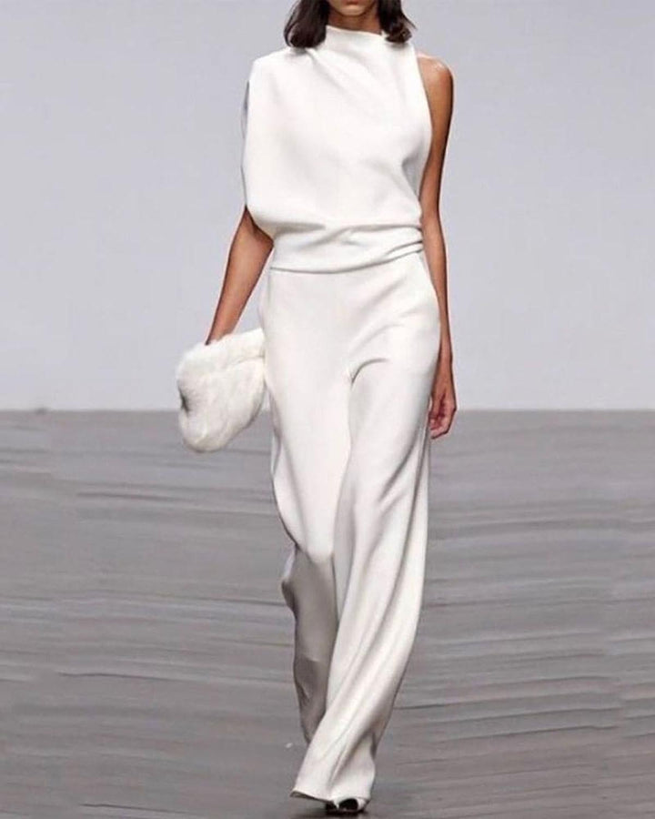 Damen Ein-Schulter Jumpsuit-Set mit weitem Bein in Weiß