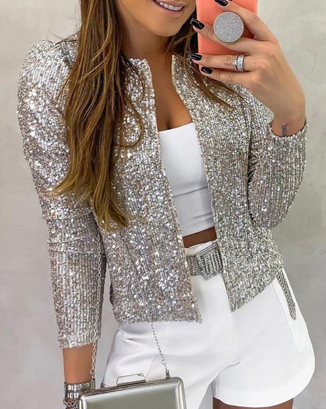 Damen Elegante Glänzende Offene Jacke in Silberfarben