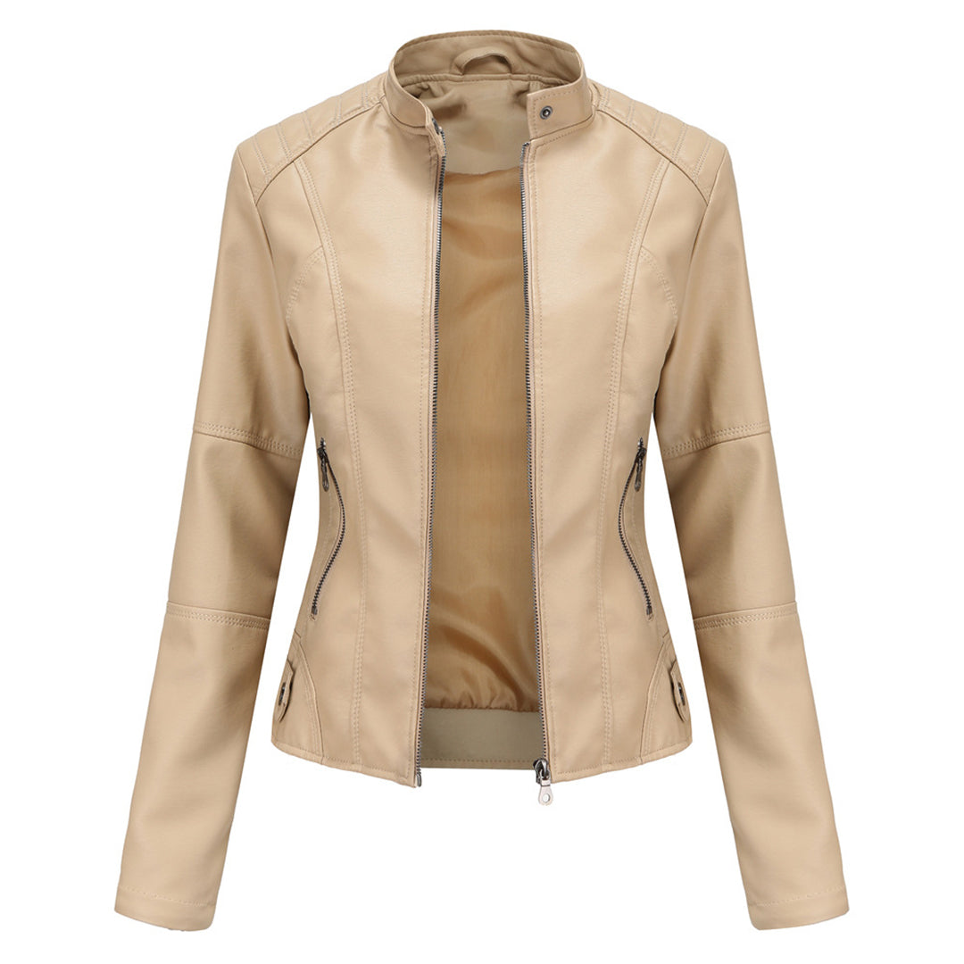 Damen Elegante Kunstleder Bikerjacke in Aprikose