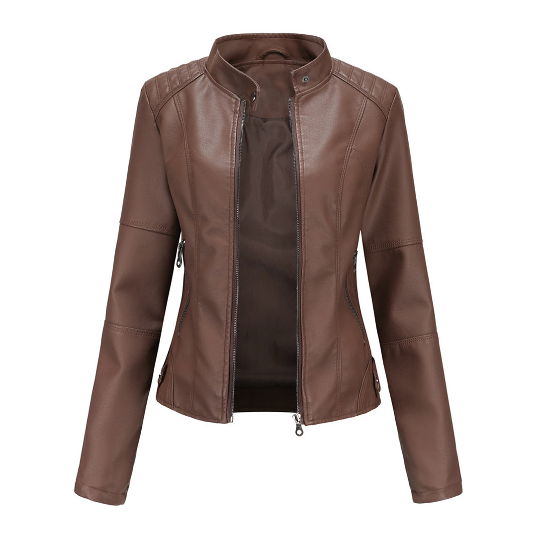 Damen Elegante Kunstleder Bikerjacke in Kaffee