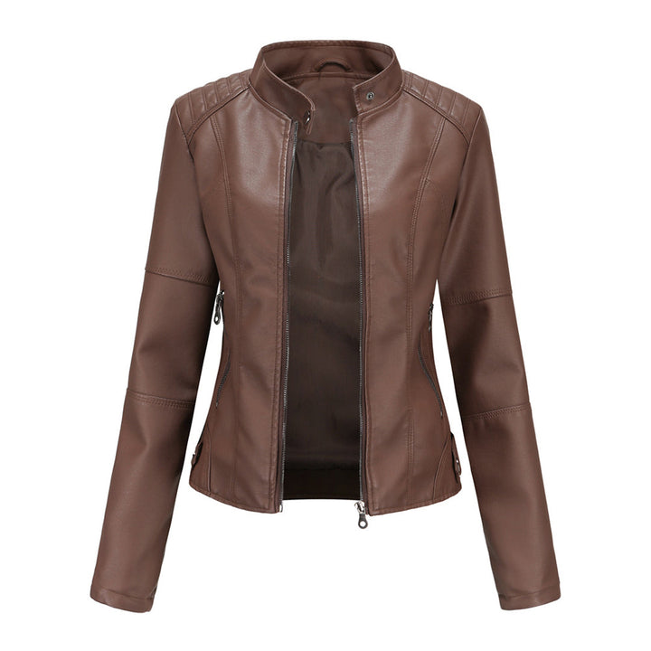 Damen Elegante Kunstleder Bikerjacke in Kaffee
