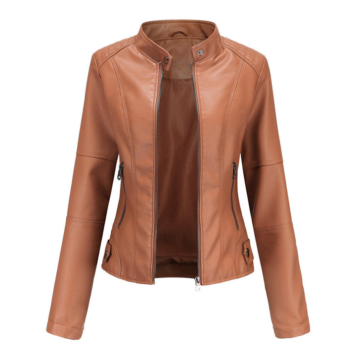 Damen Elegante Kunstleder Bikerjacke in Kamel