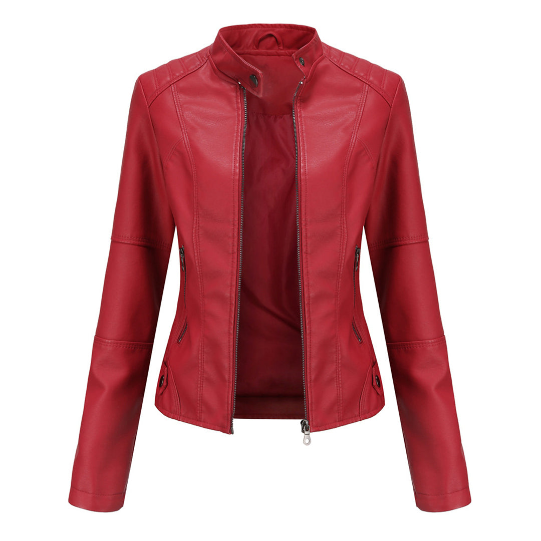 Damen Elegante Kunstleder Bikerjacke in Rot