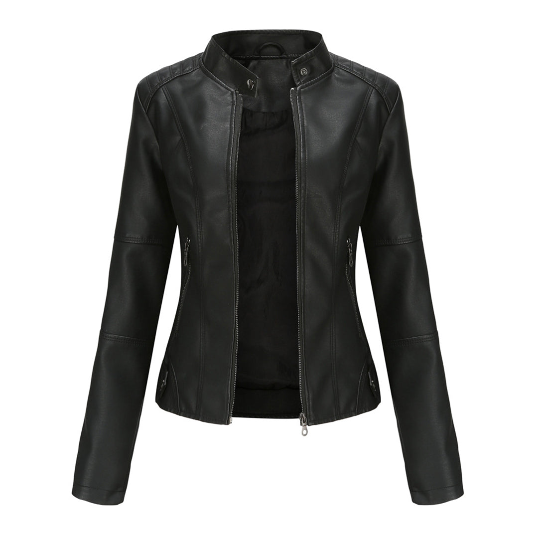 Damen Elegante Kunstleder Bikerjacke in Schwarz