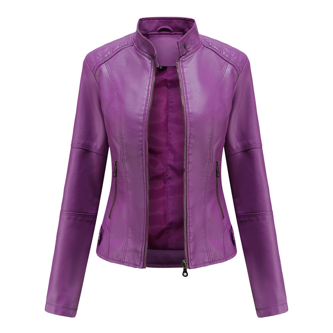 Damen Elegante Kunstleder Bikerjacke in Violett