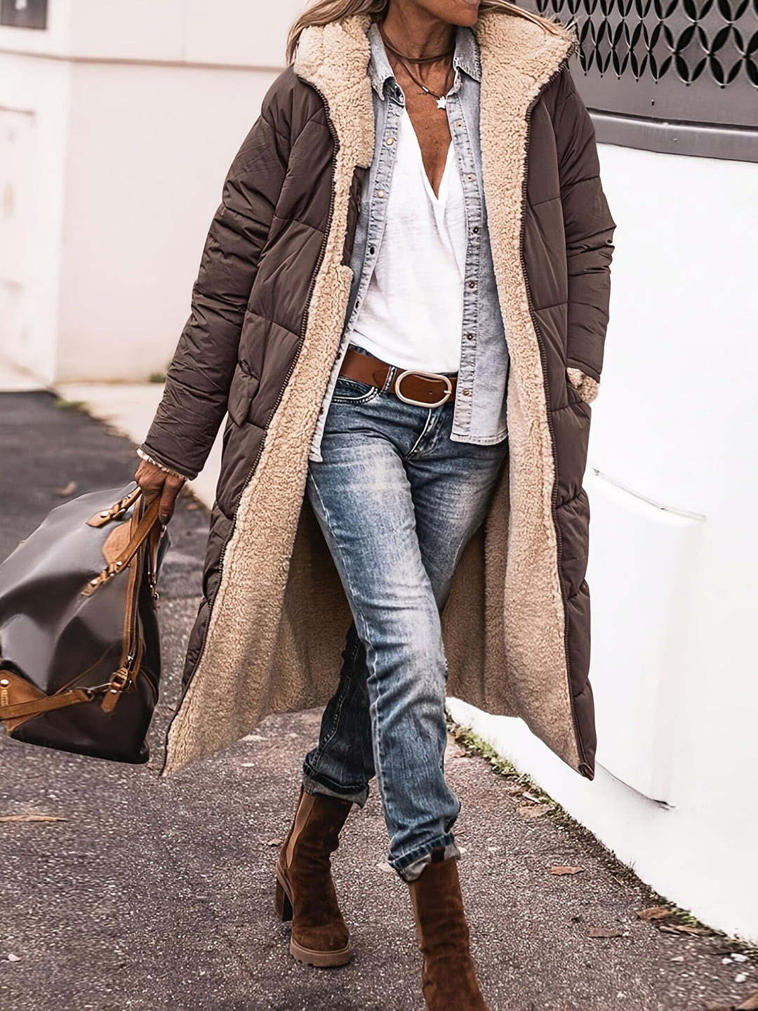 Damen elegante lange Jacke für Herbst in Braun