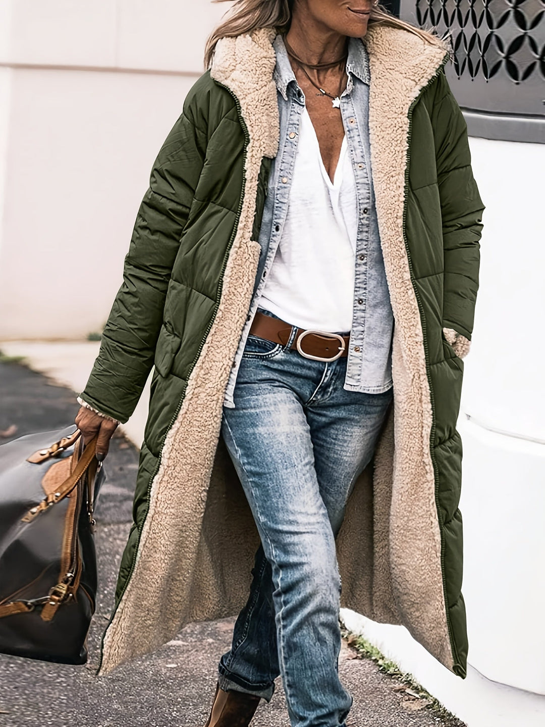 Damen elegante lange Jacke für Herbst in Grün