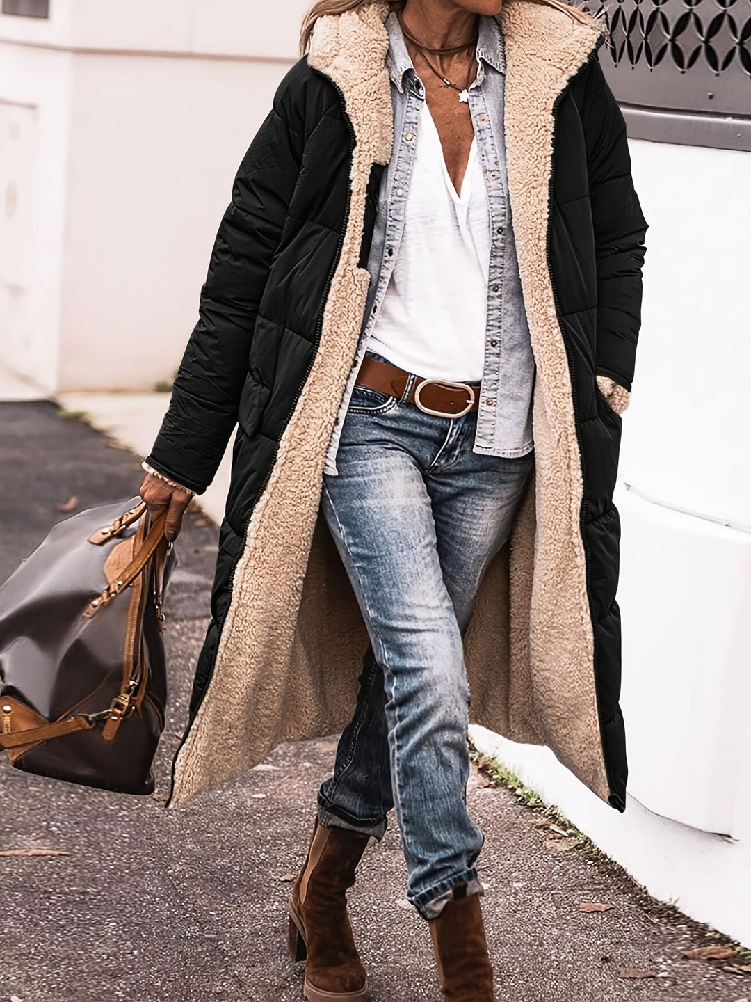 Damen elegante lange Jacke für Herbst in Schwarz