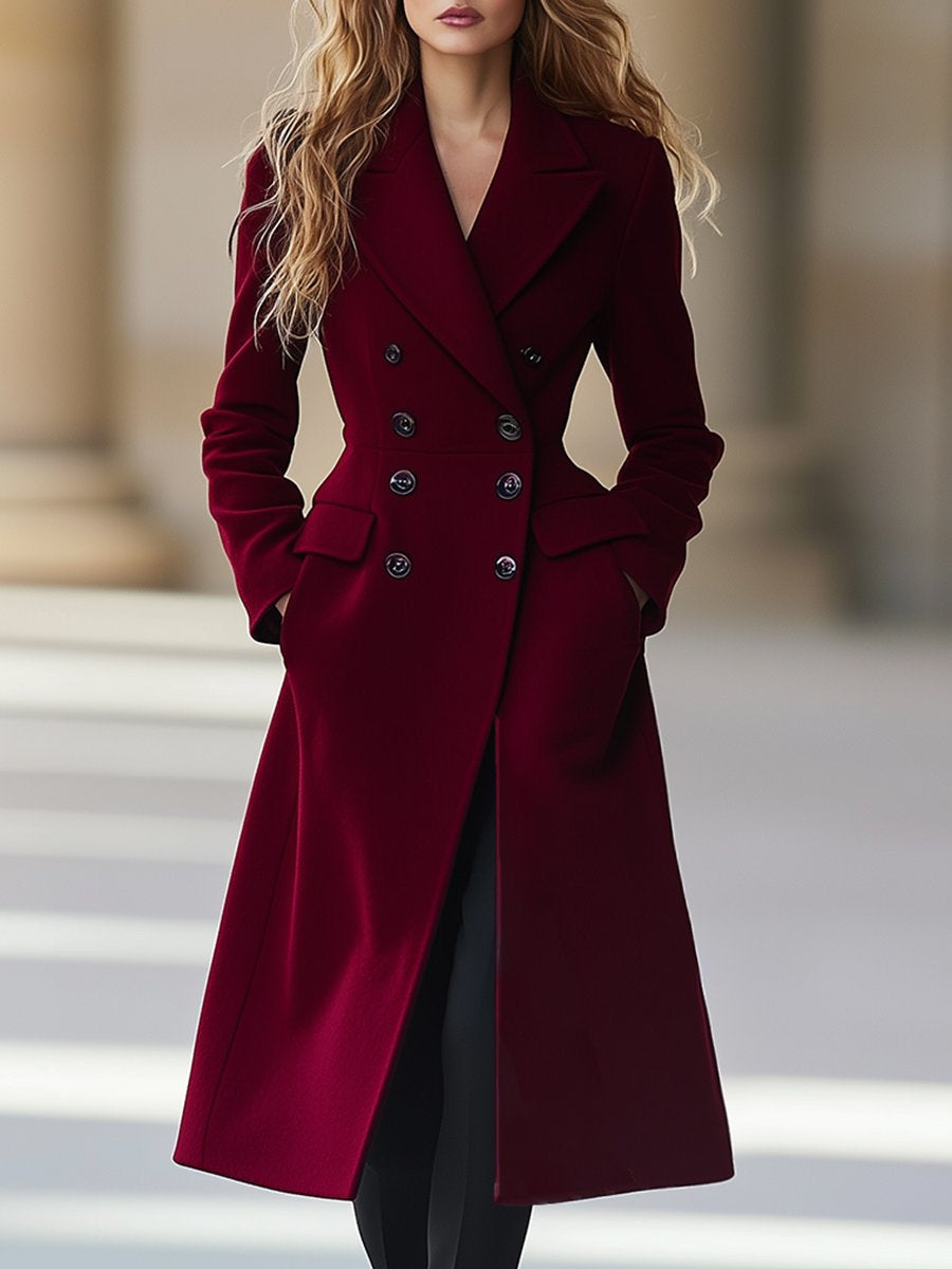 Damen Elegante lange Jacke mit Reverskragen in Rot