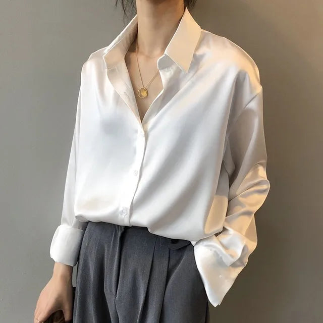 Damen elegante Satinbluse für jeden Anlass in Weiß