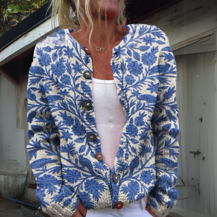 Damen elegante Strickweste mit Blumenmuster in Blau
