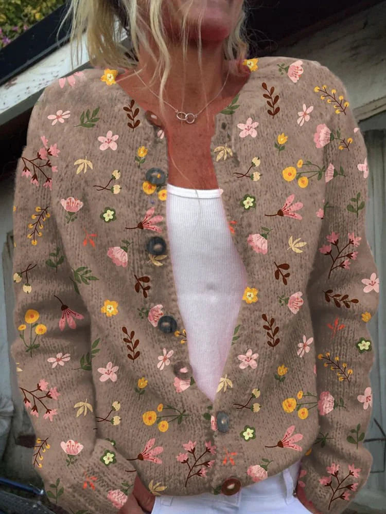 Damen elegante Strickweste mit Blumenmuster in Braun