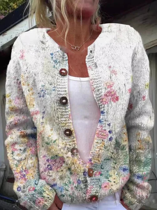 Damen elegante Strickweste mit Blumenmuster in Weiß